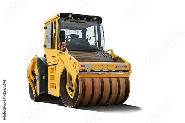 Fototapeta A heavy-duty road roller against an isolated background, showing off its large cylindrical drum. Ideal for construction projects and available for rental at remote locations.