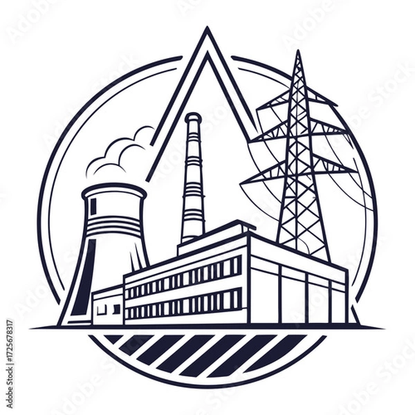 Fototapeta Industrial power plant with cooling tower and transmission tower emitting steam and electricity in a circular emblem