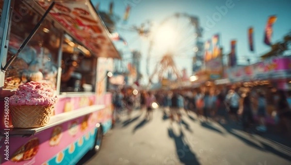 Obraz Vibrant summer festival scene with pink ice cream cone in foreground and blurred Ferris wheel and crowds creating a lively atmosphere