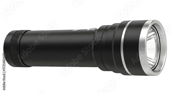Fototapeta High-power portable LED flashlight tool. A modern metallic handheld torch isolated against a clean, plain white background