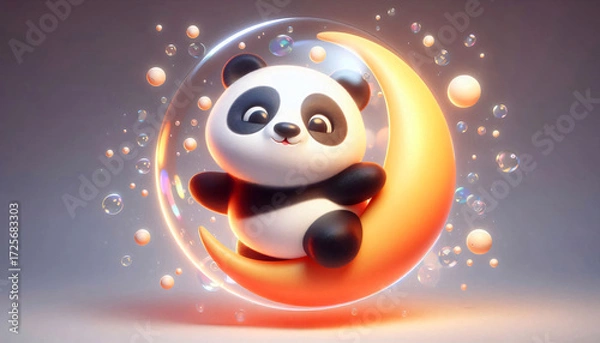 Fototapeta A panda floating inside a bubble shaped like a moon.