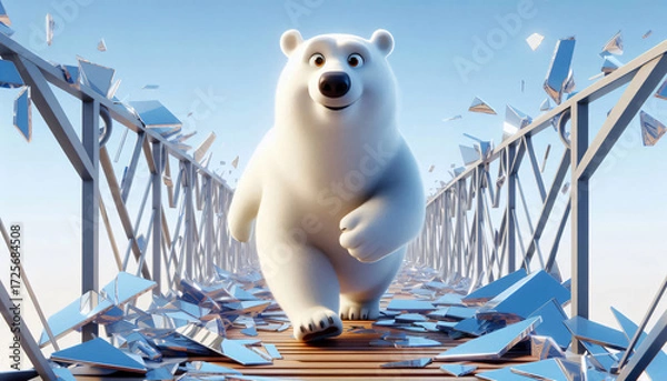Fototapeta A polar bear walking across a bridge of shattered mirrors.