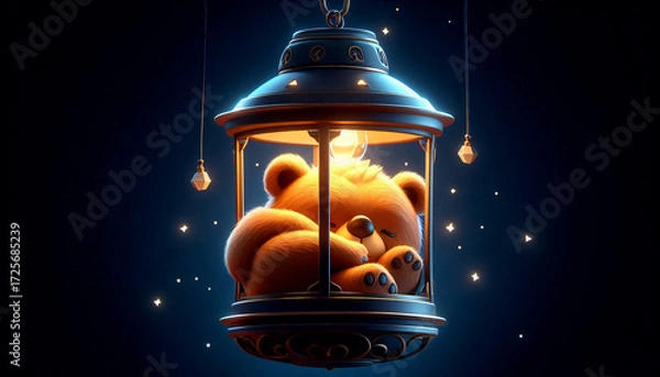 Fototapeta A bear curled up inside a glowing lantern hanging in the night.