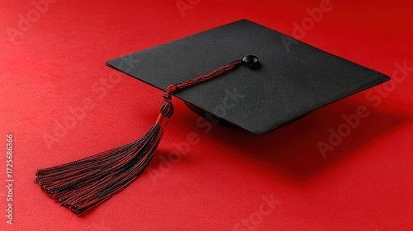 Fototapeta scholar. A graduation cap with a tassel, isolated on a solid red background. event programs, museum guides, designed for cultural heritage projects and event programs, preserves heritage.