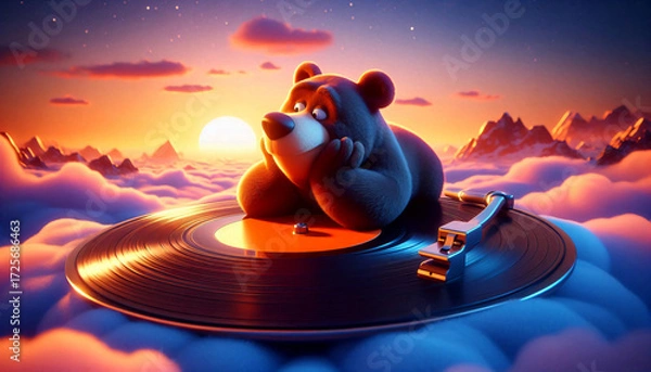 Fototapeta A bear resting on a vinyl record spinning in a surreal sunset sky.