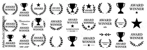 Fototapeta Set of black award winner icons including trophies, laurel wreaths, stars, and nomination badges in flat vector style for certificates and recognition designs. Black Laurel and Trophy Vector