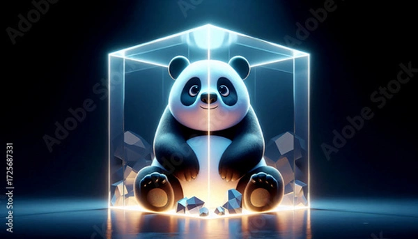 Fototapeta A giant panda sitting inside a crystal cube, glowing in a dark void.
