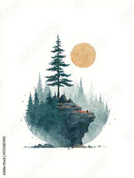 Fototapeta Serene watercolor landscape featuring lone pine tree on misty cliff, bathed in golden light