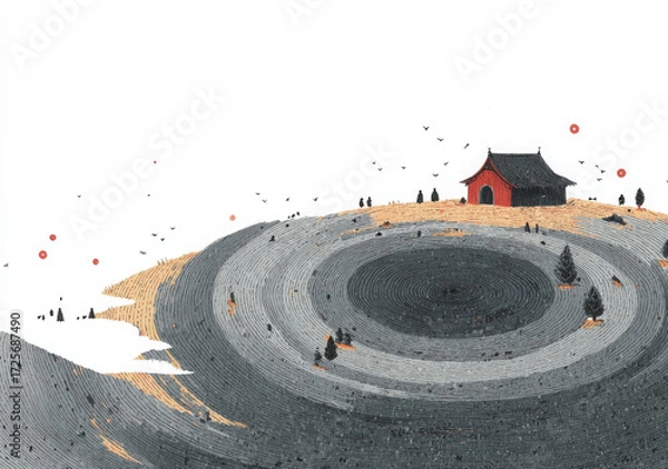 Fototapeta Minimal circular hill showcases lone hut, serene landscape featuring sweeping curves and small