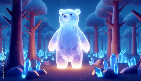 Fototapeta A glowing crystal bear standing in a forest of glass trees.
