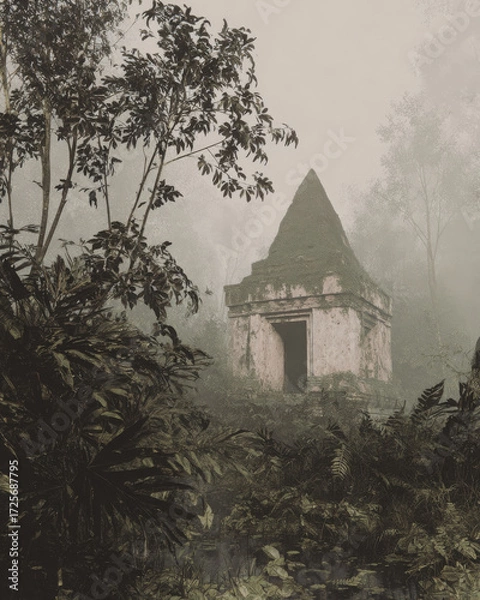 Fototapeta Ancient temple hidden deep within jungle creating mysterious and serene atmosphere