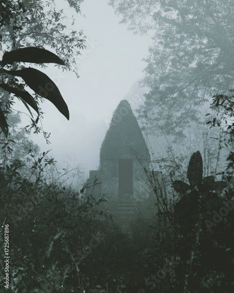 Fototapeta Ancient temple ruin shrouded mysterious jungle fog, evoking profound sense of forgotten history