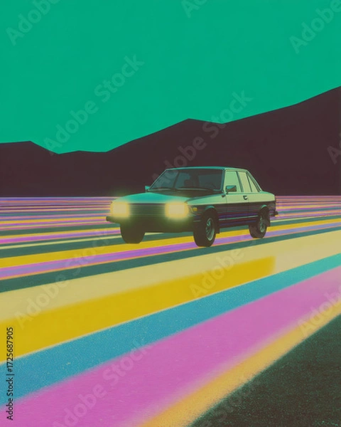 Fototapeta Retro futuristic car driving on neon highway, creating synthwave dream road scene