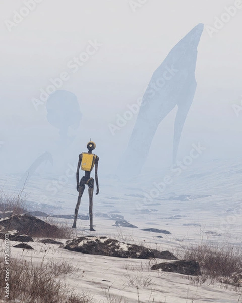 Fototapeta Curious robot stands on desolate planet, observing giant mysterious form in misty distance