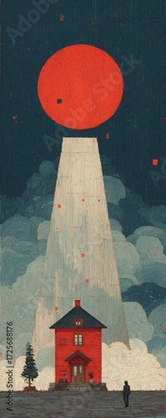 Fototapeta Surreal red house under night sky, experiencing alien abduction, evoking fear and wonder