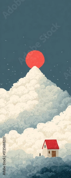 Fototapeta Small house floats among soft cloud layers, red sun above mountain peak. Sky holds dream