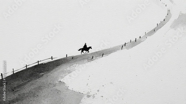 Fototapeta Solitary rider on horseback travels desolate, winding path with determination