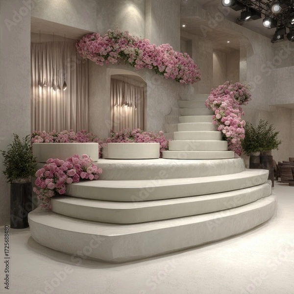 Fototapeta A beautifully arranged wedding ceremony platform, adorned with cascading pink roses, creates a romantic and elegant ambiance.