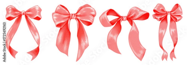 Fototapeta Vector set of red watercolor bows made of ribbons in various festive shapes and styles for creative projects scrapbooking and decorative design elements