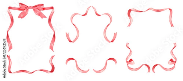 Fototapeta Set of red vector ribbon frames and wreaths in watercolor style with bows, festive decorative elements for greeting cards wedding invitations and holiday design projects