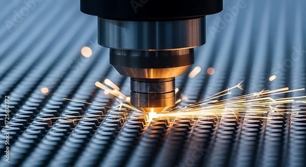 Fototapeta Precision Laser Cutting Machine Sparks Fly on Metal Surface
