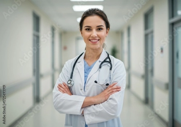 Obraz Smiling female doctor in white coat with stethoscope stands confidently in a well lit hospital corridor