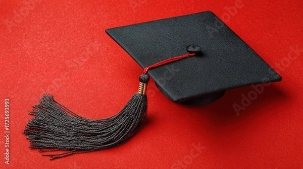 Fototapeta scholar. A graduation cap with a tassel, isolated on a solid red background. event programs, museum guides, designed for cultural heritage projects and event programs, preserves heritage.