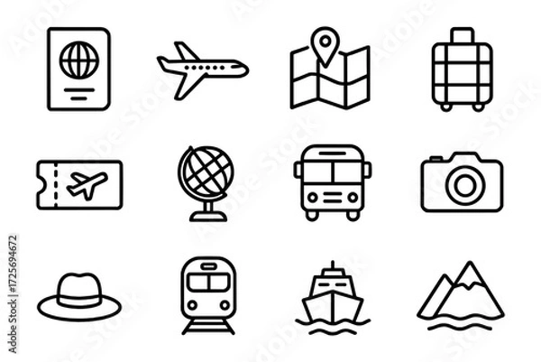 Fototapeta Travel icons collection featuring passport, plane, map, suitcase, ticket, globe, and transportation in outline style