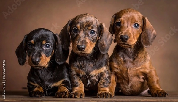 Fototapeta Three dachshund puppies sit together