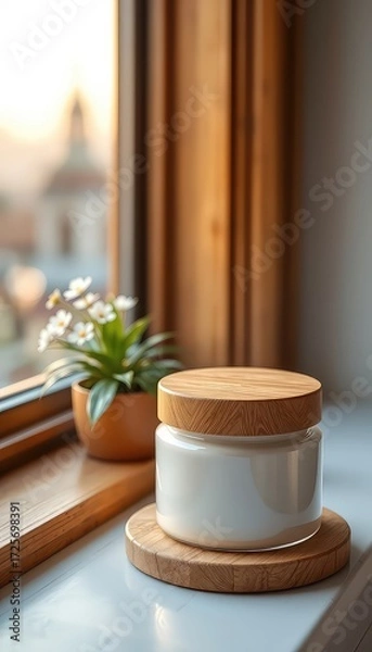 Fototapeta Cream Jar With Wooden Lid and Plant on Window Still With Calm Hues in a Homey Aesthetic