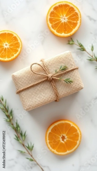 Fototapeta Elegant gift wrapped in natural linen with twine, accented with fresh rosemary sprigs and bright orange slices on marble