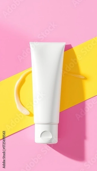 Fototapeta Blank White Tube on Pink and Yellow Backdrop with a Swirl of Moisturizing Balm for Beauty Advertising