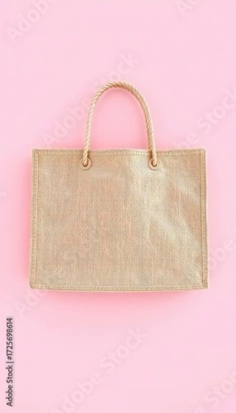Fototapeta Simple flat lay of woven tote bag with rope handles on a light pink backdrop creating a soft, minimalist aesthetic
