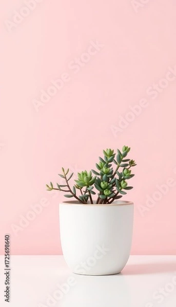 Fototapeta Small potted plant with delicate green foliage set against a solid light pink background creates a minimalist aesthetic