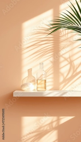 Fototapeta Minimalist composition of bottle and oval object on shelf, bathed in sunlight with palm frond shadow on peach wall