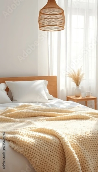 Fototapeta Warm bedroom with sunlight shining through translucent drapes featuring soft bedding and a wicker lamp