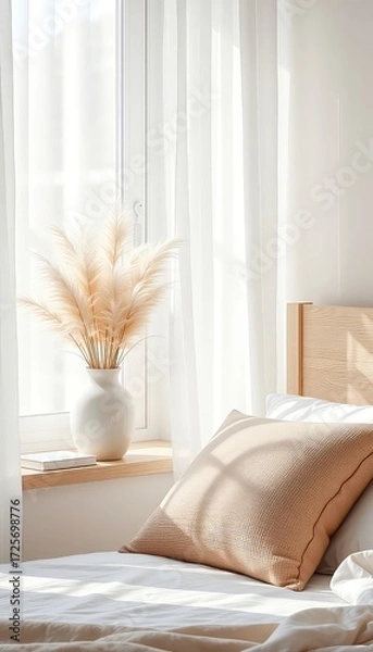 Fototapeta Bright bedroom interior showcasing a bed with soft linens and a vase of plumes on the window sill