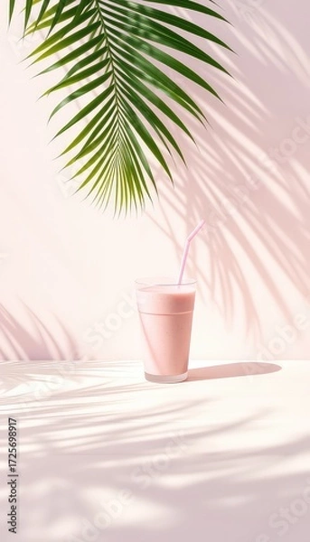 Fototapeta Refreshing pink smoothie in a glass with straw, under the shade of a tropical palm leaf, on a pastel surface