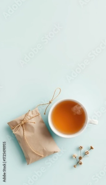 Fototapeta Minimalist composition featuring herbal tea, a tied kraft paper package, and delicate dried flowers on a calm colored backdrop