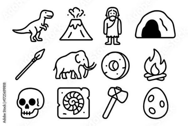 Fototapeta Prehistoric elements: caveman, dinosaurs, and tools in bold linear style