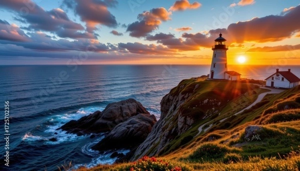 Fototapeta Sunset Action Over Coastal Lighthouse Ocean View Photography Scenic Environment Serene Concept