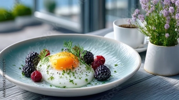 Fototapeta Sunny Side Up Egg with Berries on Elegant Plate Featuring Cup of Coffee and Flowers in Soft Focus and Bright Daylight