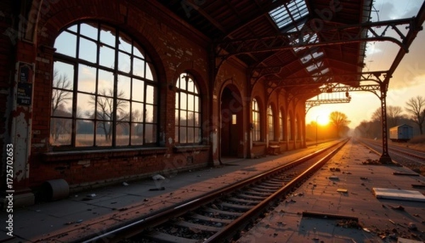 Fototapeta Abandoned Railway Station at Sunset Urban Decay Photography Nostalgic Atmosphere Wide Angle View