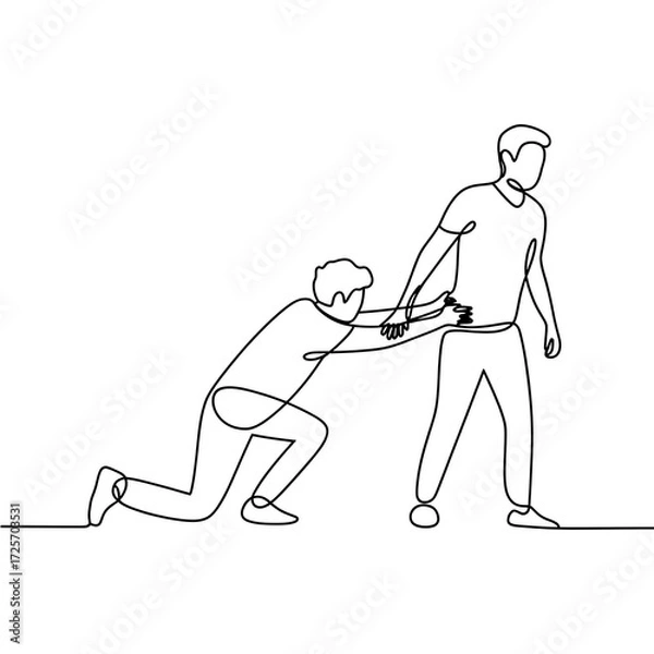 Obraz Man helping another man up, continuous line drawing isolated on white background