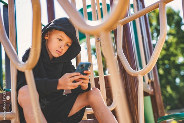 Fototapeta Portrait of teen using cellphone on school playground