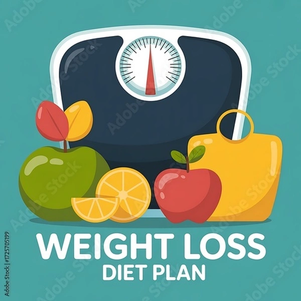 Obraz Illustration of weight loss diet plan concept with scale, fruits and shopping bag for healthy lifestyle flat vector illustration