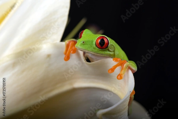 Fototapeta Close-Up of Frog on white flower, Red Eyed Tree Frog Portrait Inside of a white flower, Red-eyed tree frog sitting on a flower