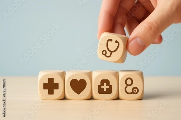 Fototapeta Hand Holding Wooden Block with Health Symbols on a Light Blue Background in Minimalist Setting