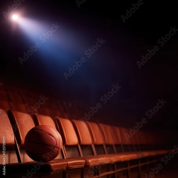 Fototapeta A solitary basketball rests on empty bleachers under dramatic lighting in a quiet sports arena