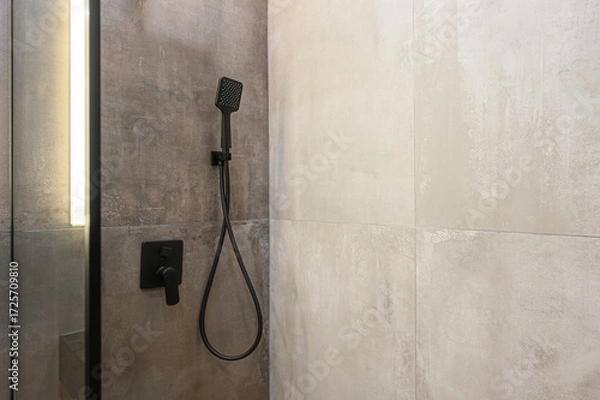 Fototapeta Modern shower detail: black fixture, shower head, and control against tiled walls. Minimalist design with light